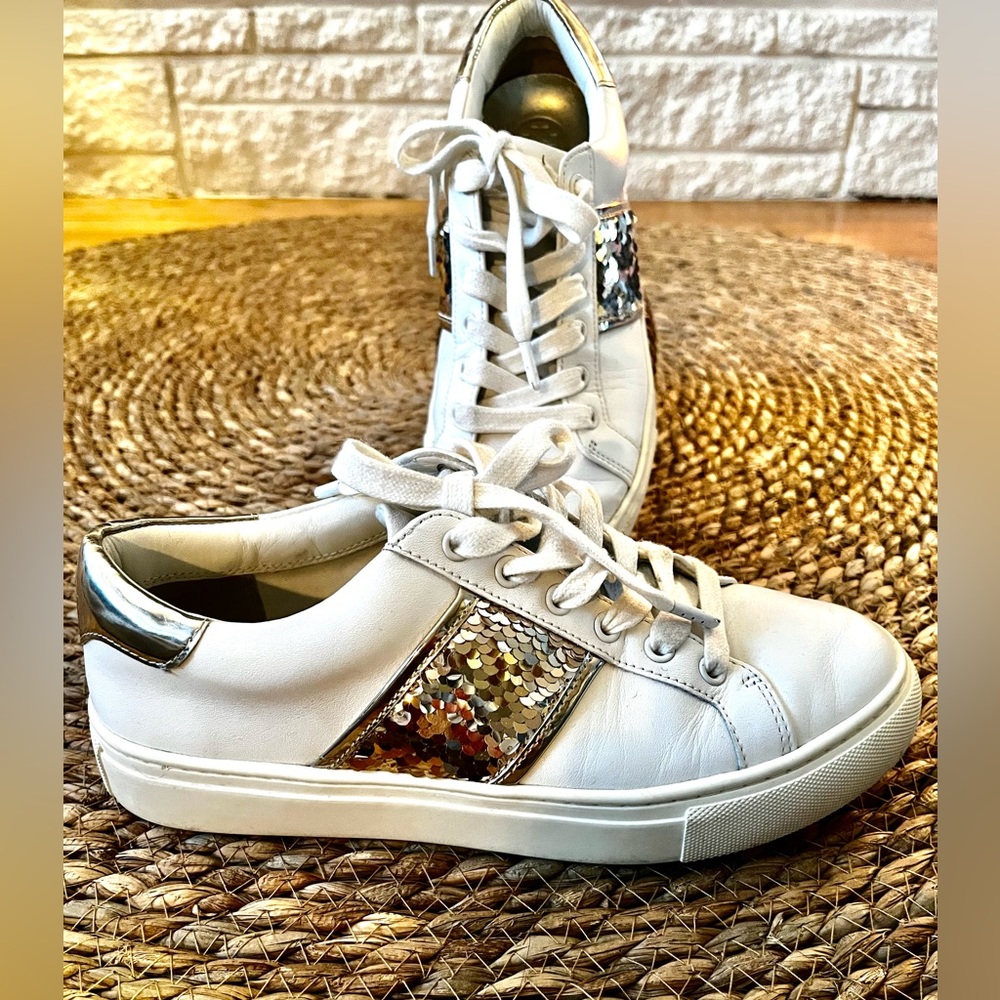 Tory Burch White/Gold Leather  Sequin blocked Carter Sneakers Size US 6.5